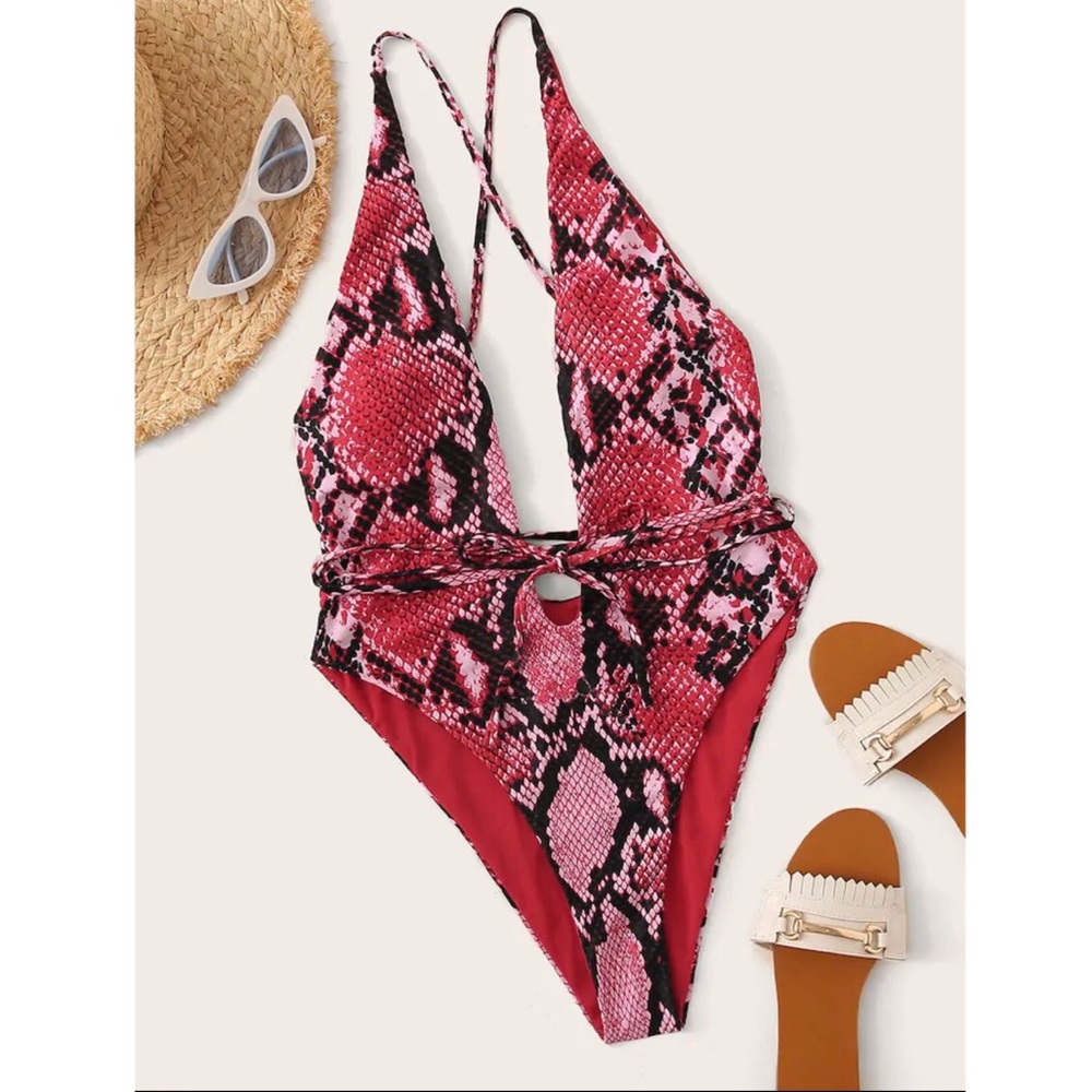 Snakeskin Print Criss Cross One Piece Suit